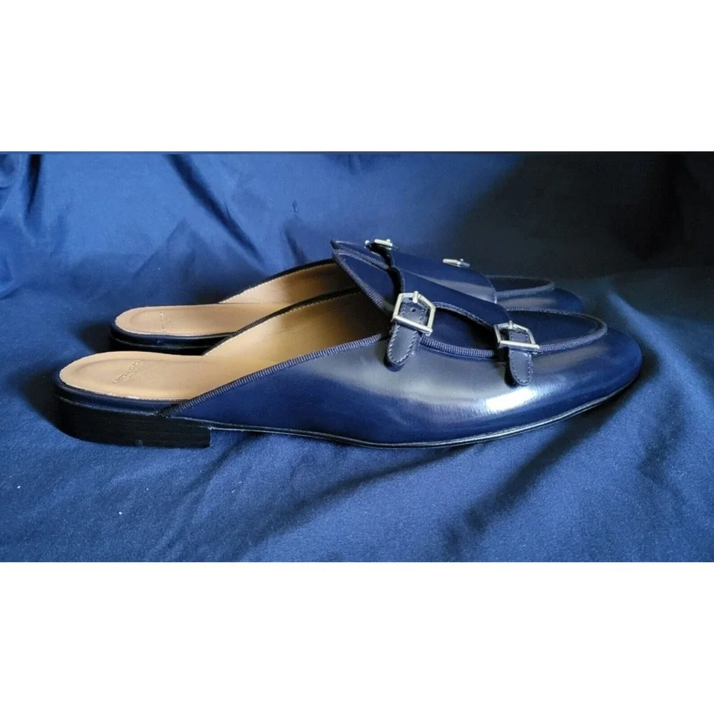 Superglamourous Men's Navy Polished Leather Monk-Straps Belgian‎ Mules Size 7